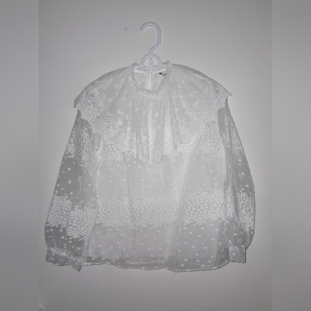 Zara white Sheer women's Long sleeves Ruffle Blouse size XS - Picture 2 of 10
